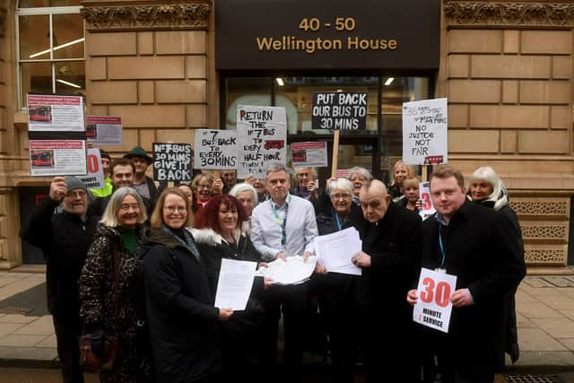 Cllr Penny Stables with campaigners presenting the bus petition to WYCA